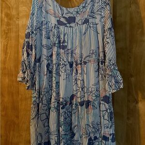 Blue & White Striped Floral Tiered Women's Dress